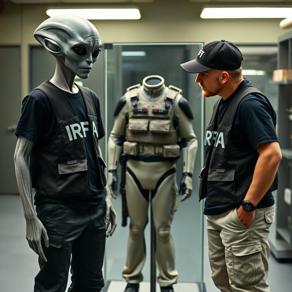 A Grey alien standing next to two people, each wearing a black t-shirt and an investigator vest featuring "IRFA" inscriptions