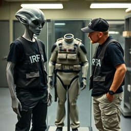 A Grey alien standing next to two people, each wearing a black t-shirt and an investigator vest featuring "IRFA" inscriptions