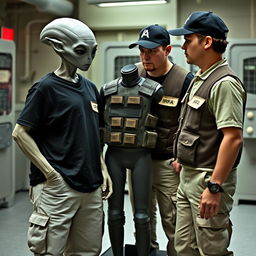 A Grey alien standing next to two people, each wearing a black t-shirt and an investigator vest featuring "IRFA" inscriptions