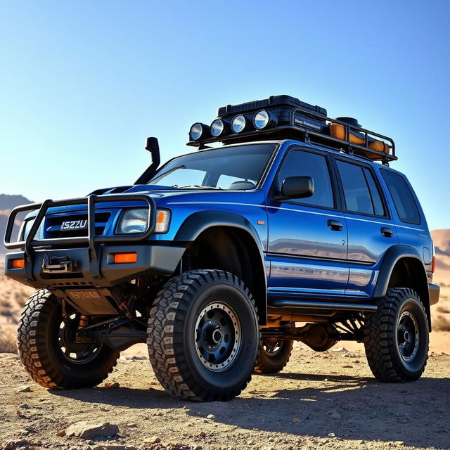 A modified Isuzu Rodeo 1998 in a stunning blue color, customized for overlanding adventure