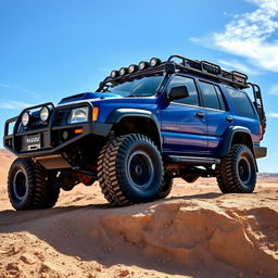 A modified Isuzu Rodeo 1998 in a stunning blue color, customized for overlanding adventure