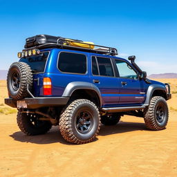 A modified Isuzu Rodeo 1998 in a stunning blue color, customized for overlanding adventure