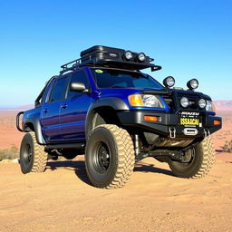 A modified Isuzu Rodeo 1998 in a stunning blue color, customized for overlanding adventure