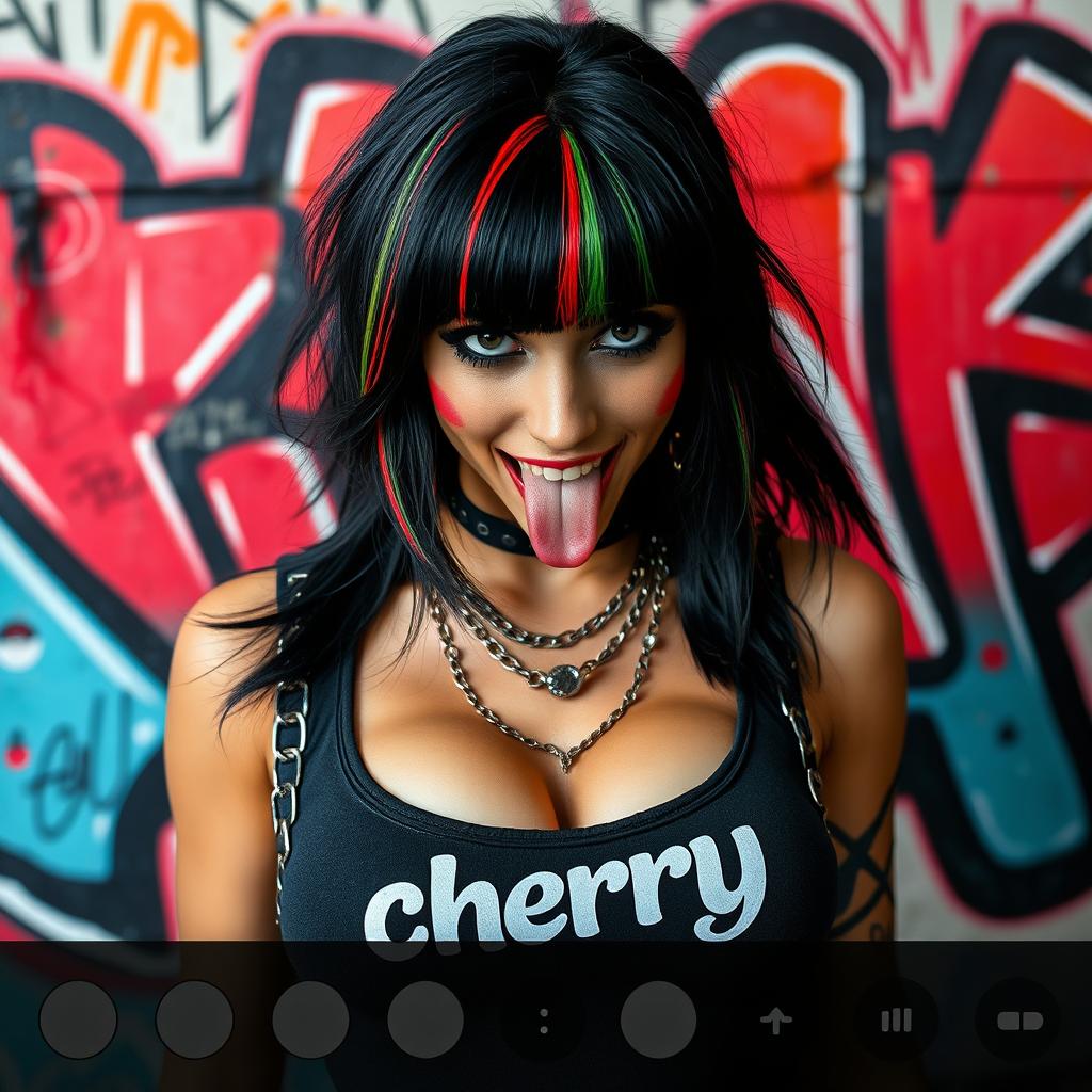 Close-up of a stunning woman with black hair featuring colorful stripes, wearing a 'cherry' logo tank top that highlights her large chest and cleavage