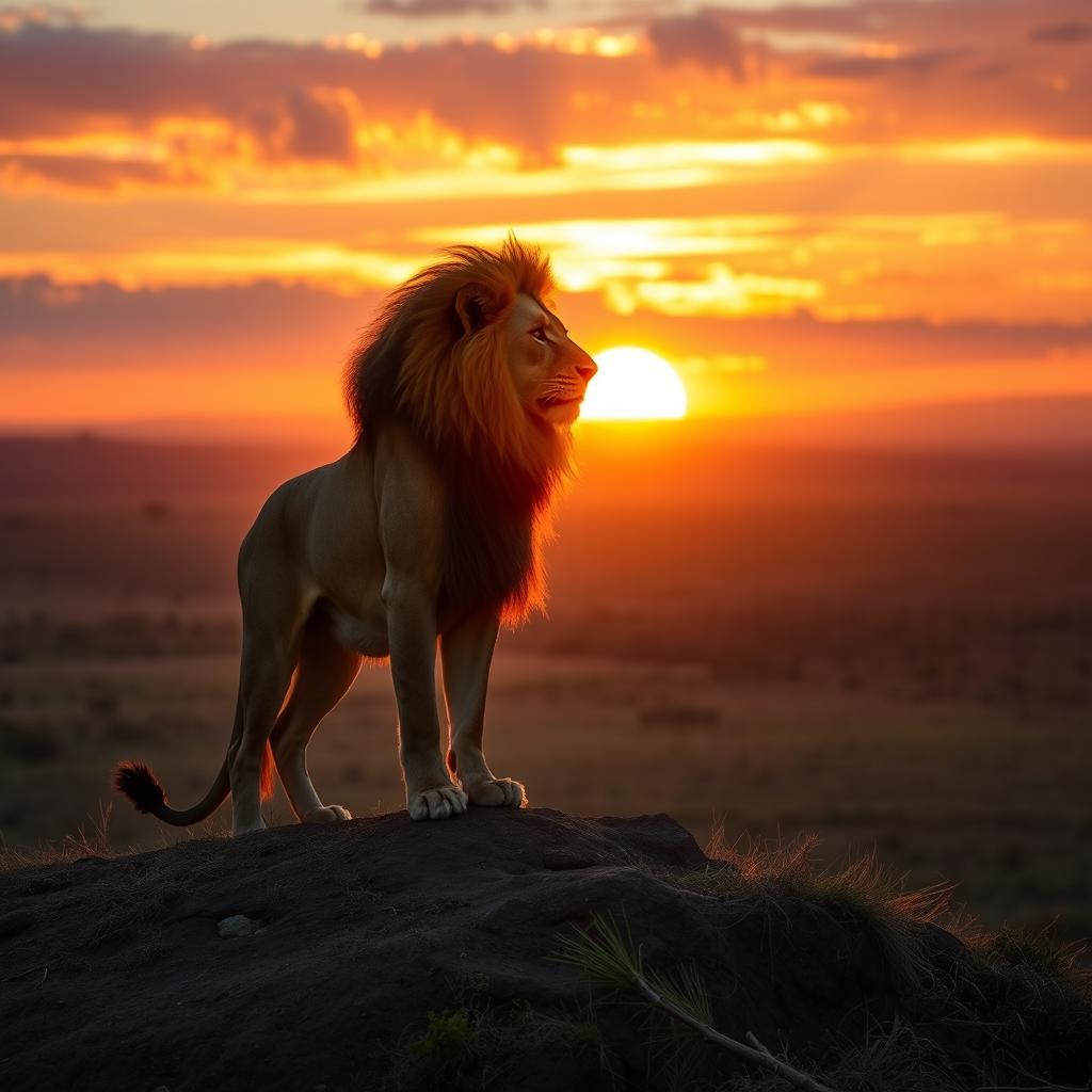 A majestic lion standing on a hill overlooking a vast savanna at sunset, the golden sunlight creating a stunning silhouette, the sky painted with hues of orange, pink, and purple, capturing the magnificence of the African wilderness