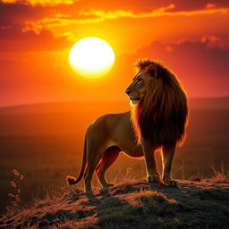 A majestic lion standing on a hill overlooking a vast savanna at sunset, the golden sunlight creating a stunning silhouette, the sky painted with hues of orange, pink, and purple, capturing the magnificence of the African wilderness