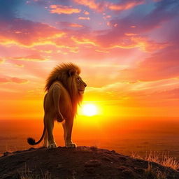 A majestic lion standing on a hill overlooking a vast savanna at sunset, the golden sunlight creating a stunning silhouette, the sky painted with hues of orange, pink, and purple, capturing the magnificence of the African wilderness