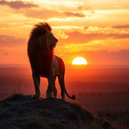 A majestic lion standing on a hill overlooking a vast savanna at sunset, the golden sunlight creating a stunning silhouette, the sky painted with hues of orange, pink, and purple, capturing the magnificence of the African wilderness