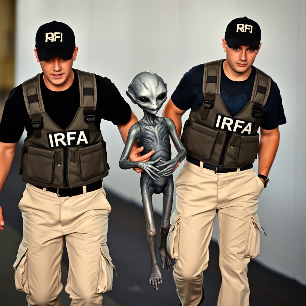 A small Grey alien being escorted by two people