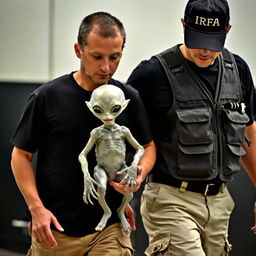 A small Grey alien being escorted by two people