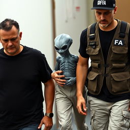 A small Grey alien being escorted by two people