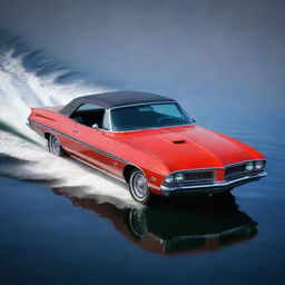 A classic and powerful speed boat design incorporating the muscular design elements, vibrant colors, and distinctive logo of a Pontiac car