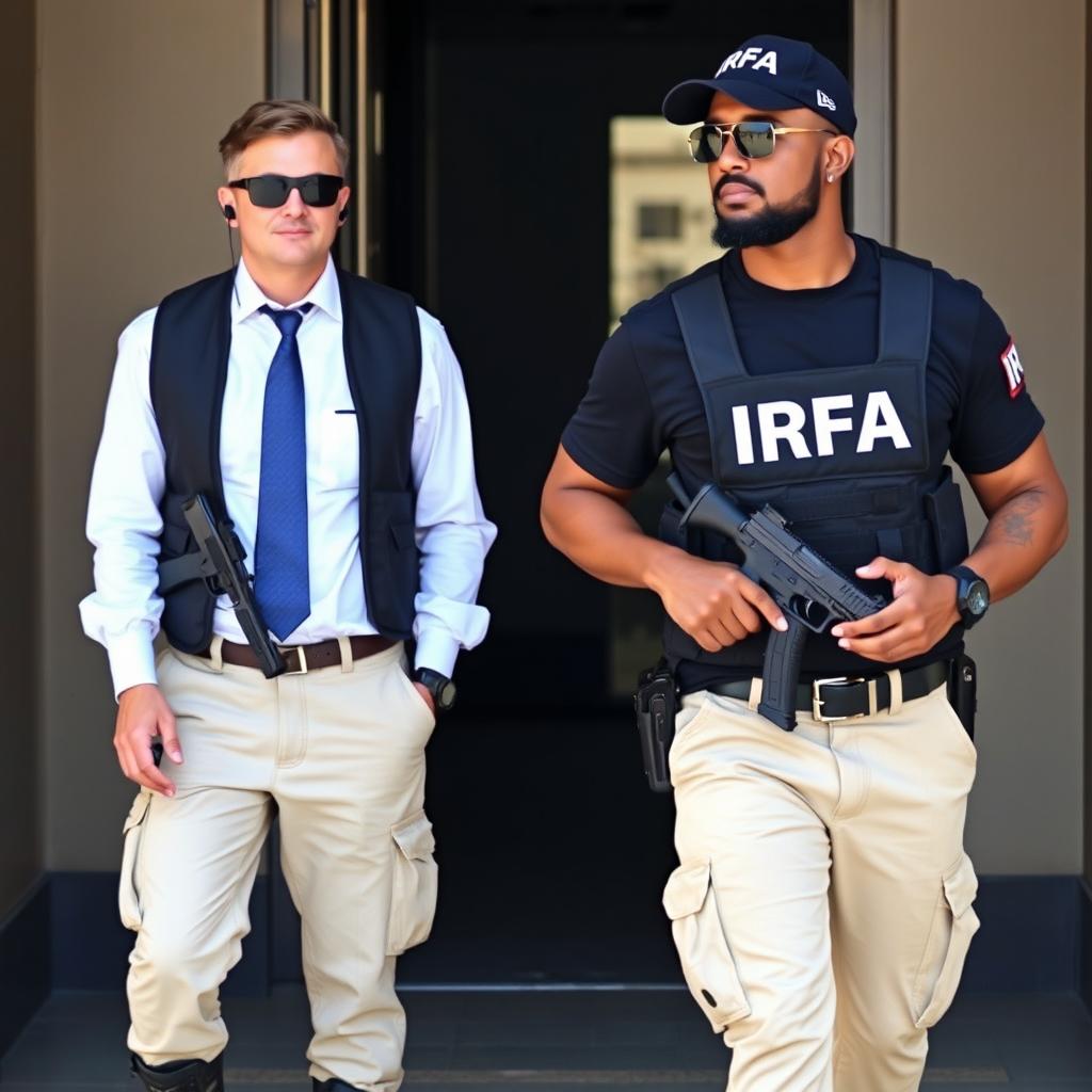 A man dressed in a white shirt, blue tie, and black suit, paired with cream-colored pants and tactical boots, is being guarded by two individuals