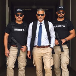 A man dressed in a white shirt, blue tie, and black suit, paired with cream-colored pants and tactical boots, is being guarded by two individuals