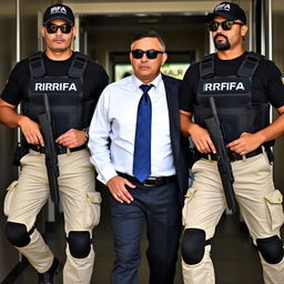 A man dressed in a white shirt, blue tie, and black suit, paired with cream-colored pants and tactical boots, is being guarded by two individuals