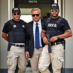 A man dressed in a white shirt, blue tie, and black suit, paired with cream-colored pants and tactical boots, is being guarded by two individuals