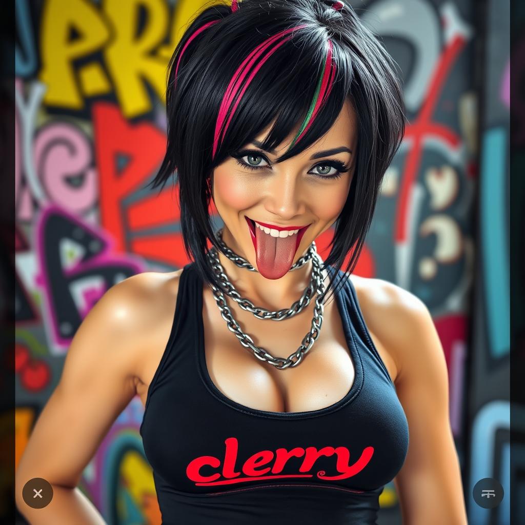 A close-up shot of a gorgeous female with black hair featuring colorful stripes, wearing a tank top with a "cherry" logo