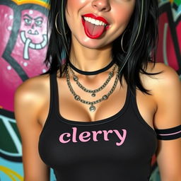 close-up on the chest of a gorgeous female with black hair featuring colorful stripes