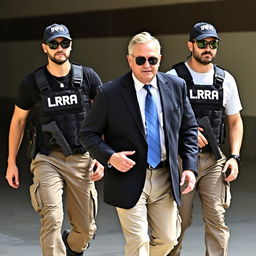 A man wearing a white shirt, blue tie, black blazer, cream-colored pants, and tactical boots is being escorted by two security personnel