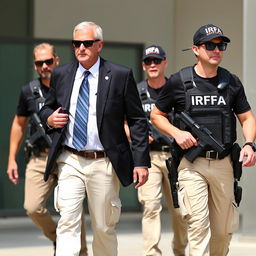 A man wearing a white shirt, blue tie, black blazer, cream-colored pants, and tactical boots is being escorted by two security personnel