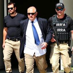 A man wearing a white shirt, blue tie, black blazer, cream-colored pants, and tactical boots is being escorted by two security personnel