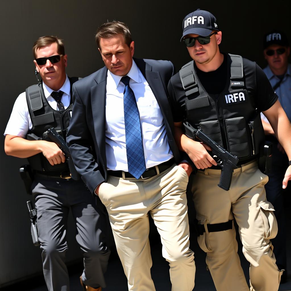 A man wearing a white shirt, blue tie, black blazer, cream-colored pants, and tactical boots is being escorted by two security personnel