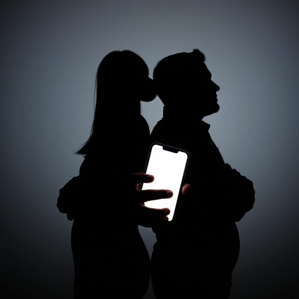 A dramatic silhouette composition featuring two people, a woman and a man, both standing back-to-back