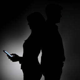 A dramatic silhouette composition featuring two people, a woman and a man, both standing back-to-back