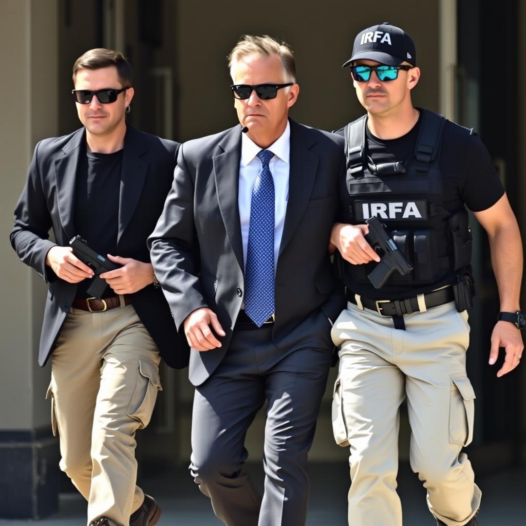 A man wearing a white shirt, blue tie, and black blazer, paired with cream-colored pants and tactical boots, is being protected by two security personnel