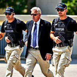 A man wearing a white shirt, blue tie, and black blazer, paired with cream-colored pants and tactical boots, is being protected by two security personnel