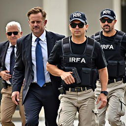 A man wearing a white shirt, blue tie, and black blazer, paired with cream-colored pants and tactical boots, is being protected by two security personnel