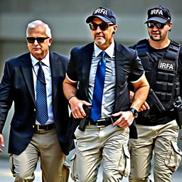 A man wearing a white shirt, blue tie, and black blazer, paired with cream-colored pants and tactical boots, is being protected by two security personnel