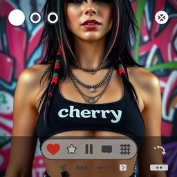 Close-up shot of the chest and torso of a gorgeous female with black hair featuring colorful stripes