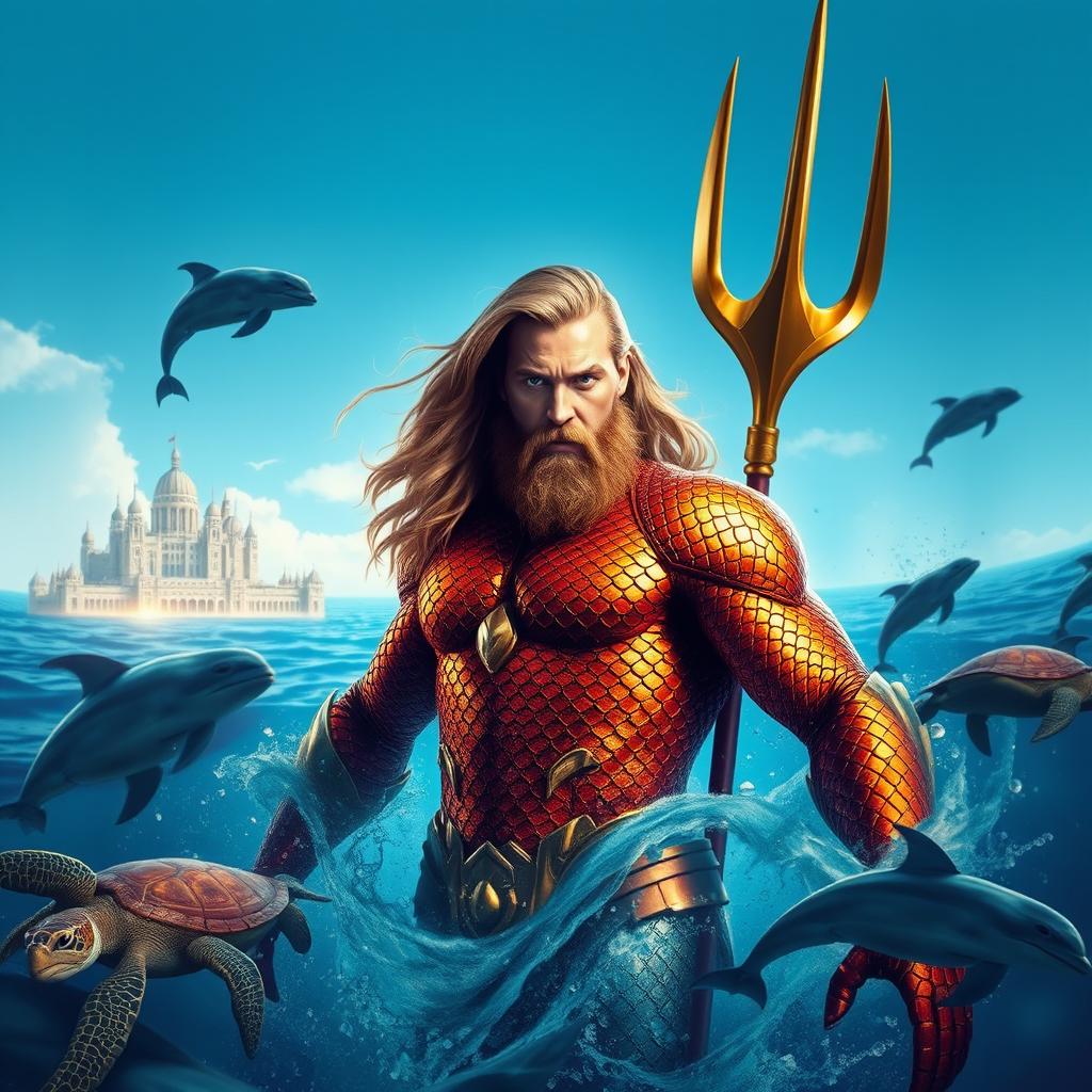 Aquaman, the ruler of Atlantis, emerging from the ocean with his vibrant, scaled armor glistening under the sun