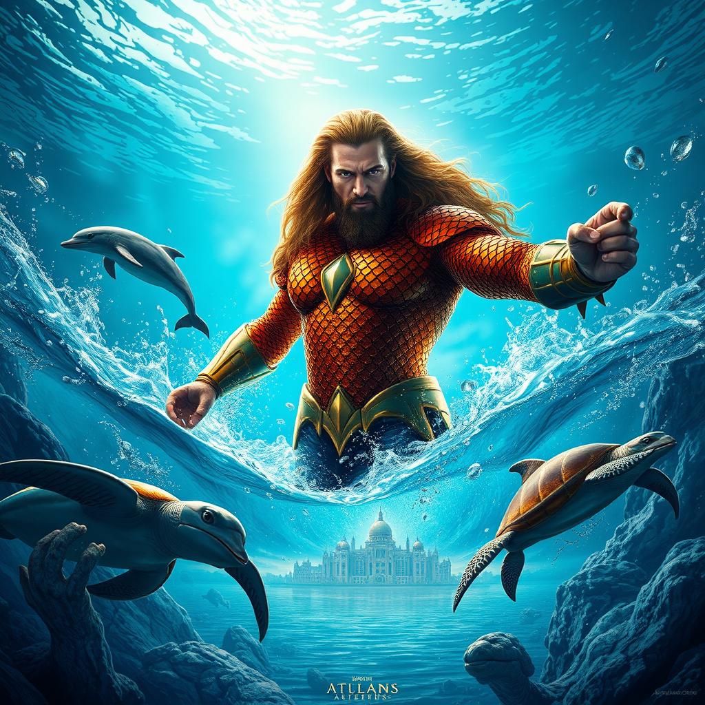 Aquaman, the ruler of Atlantis, emerging from the ocean with his vibrant, scaled armor glistening under the sun