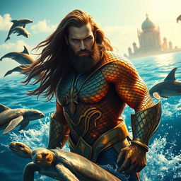 Aquaman, the ruler of Atlantis, emerging from the ocean with his vibrant, scaled armor glistening under the sun