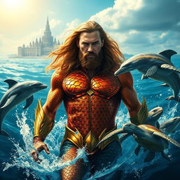 Aquaman, the ruler of Atlantis, emerging from the ocean with his vibrant, scaled armor glistening under the sun