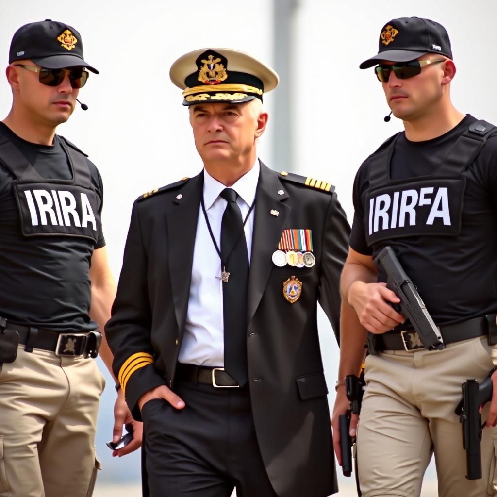 A commanding man wearing a white shirt, black tie, and black blazer adorned with medals