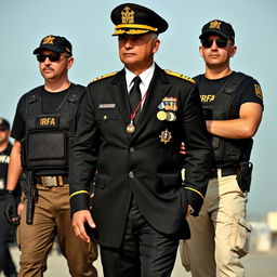 A commanding man wearing a white shirt, black tie, and black blazer adorned with medals