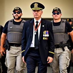 A commanding man wearing a white shirt, black tie, and black blazer adorned with medals