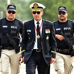 A commanding man wearing a white shirt, black tie, and black blazer adorned with medals