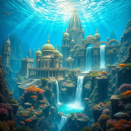 The magnificent kingdom of Atlantis, a sprawling underwater city with towering coral structures and bioluminescent flora casting a mystical glow