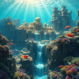 The magnificent kingdom of Atlantis, a sprawling underwater city with towering coral structures and bioluminescent flora casting a mystical glow