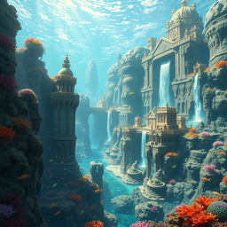 The magnificent kingdom of Atlantis, a sprawling underwater city with towering coral structures and bioluminescent flora casting a mystical glow