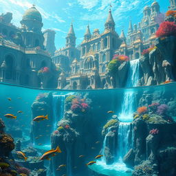 The magnificent kingdom of Atlantis, a sprawling underwater city with towering coral structures and bioluminescent flora casting a mystical glow