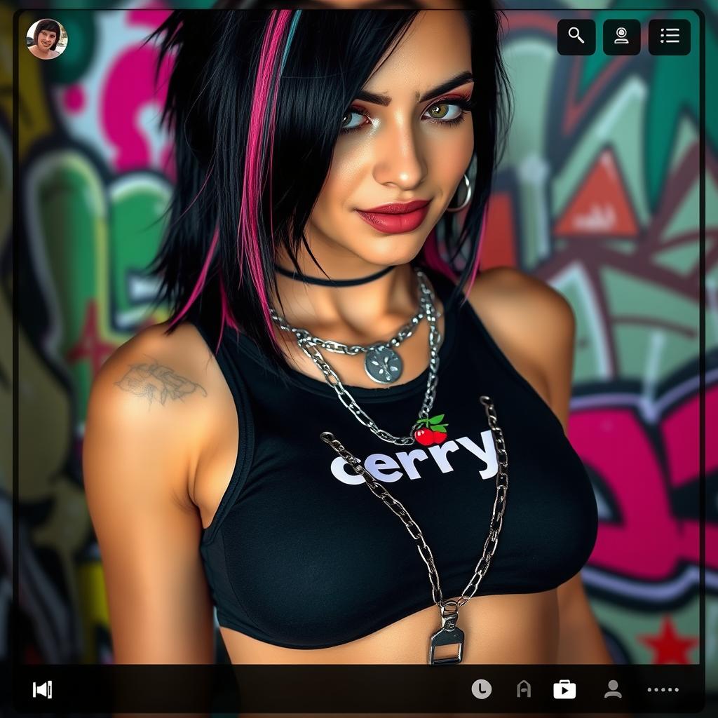 A close-up shot of a gorgeous female with black hair interspersed with color stripes, wearing a tank top featuring a "cherry" logo