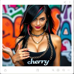 A close-up shot of a gorgeous female with black hair interspersed with color stripes, wearing a tank top featuring a "cherry" logo