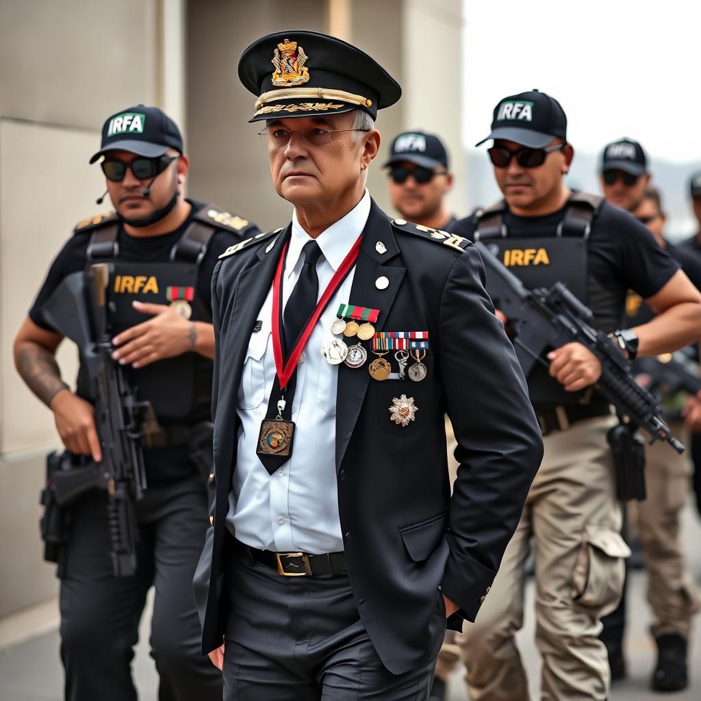 A commanding man wearing a white shirt, black tie, and buttoned black blazer adorned with medals