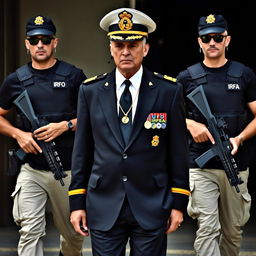 A commanding man wearing a white shirt, black tie, and buttoned black blazer adorned with medals