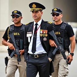 A commanding man wearing a white shirt, black tie, and buttoned black blazer adorned with medals